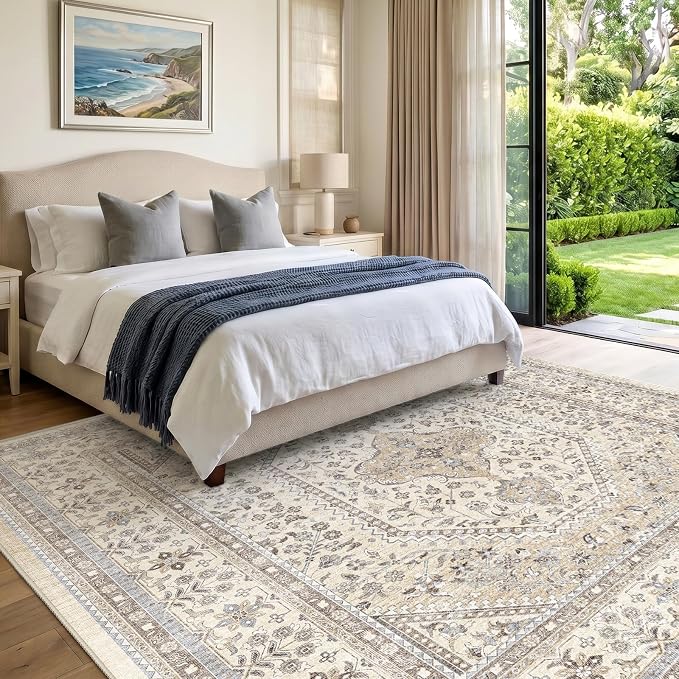 Puino 6x6 Square Area Rug - Washable Oriental Rugs for Living Room Soft Non-Slip Backing Indoor Carpet for Bedroom Kitchen Low Pile Stain Resistant Floor Mat for Bathroom Home Decor Beige/Gray