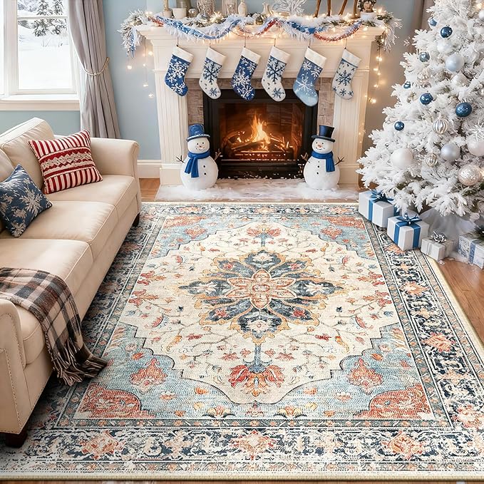 RELEANY Area Rugs 5'x8' Washable Non-Slip, Floral Vintage Distress Medallion Carpet for Living Room Bedroom Dining Room, Beige Navy Blue Orange Colorful