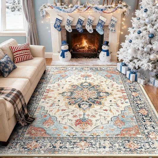 RELEANY Area Rugs 6'x8' Washable Non-Slip, Floral Vintage Distress Medallion Carpet for Living Room Bedroom Dining Room, Beige Navy Blue Orange Colorful
