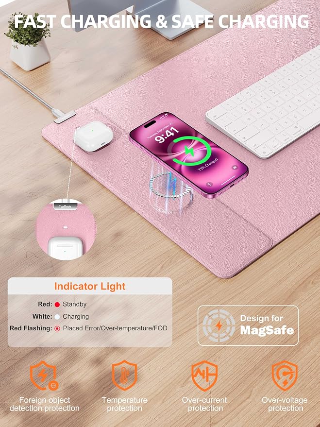 TopMade Mouse Pad with 15W Wireless Charging, XXL Large Leather Desk Mat, Waterproof Gaming Mousepad Home Office Desk Pad Protector, Computer Keyboard Pad, Mouse Mat for MacBook, PC, Laptop, Pink