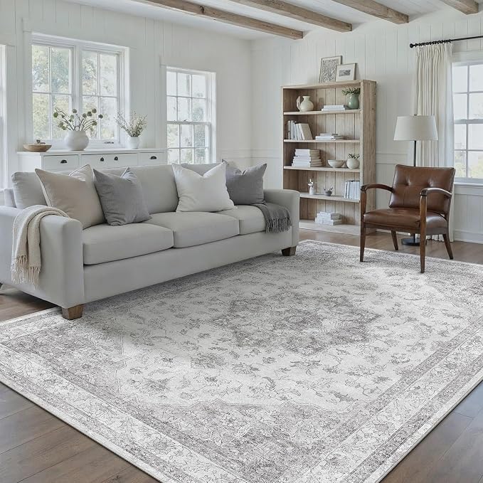 PureCozy Gray Area Rug 9x12 Washable Living Room Carpet Vintage Non Slip Soft Bedroom Indoor Office Retro Grey Low Pile Thin Oriental Medallion Large Rug for Dining Room Bathroom Playroom