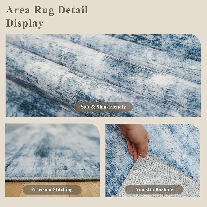 10x14 Area Rug Living Room – Washable Large Neutral Modern Abstract Soft Low Pile Non-Slip Thin Carpet for Bedroom, Dining Room, Home Office (Misty Blue Gray)