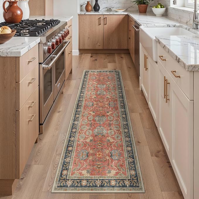 GENIMO Kitchen Rug Sets of 2, Non-Slip Washable Low-Pile Kitchen Mats for Floor, Waterproof Kitchen Runner Rug, for Hallway, Laundry, Sink, Entryway, Bathroom, 20"x32"+20"x48", RetroBrick