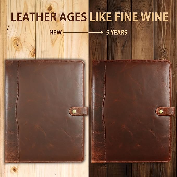 Leather Portfolio, Leather Binder with Pen, Resume Organizer & Padfolio for Men and Women | Business Portfolio with Card Holder & Document Organizer (Brown)