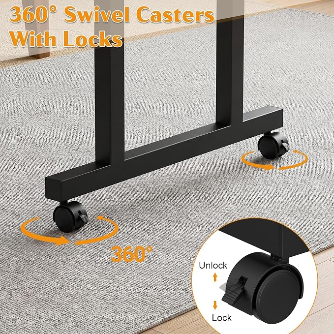 Over the Bed Table with Wheels, Height Adjustable Rolling Desk, Heavy Duty Steel Frame Laptop Workstation for Bedroom, Living Room, Hospital Use, Adults and Kids