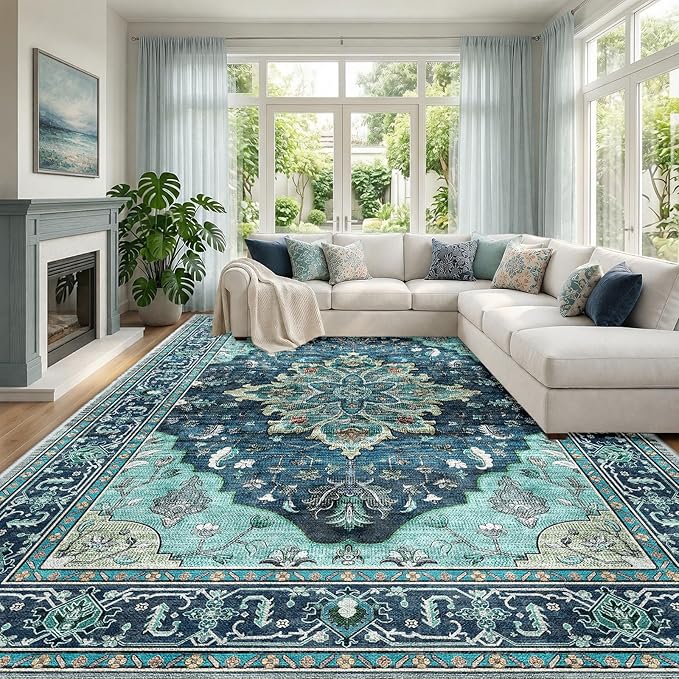 RELEANY Area Rugs Large 9'x12' Washable Non-Slip, Floral Vintage Distress Medallion Carpet for Living Room Bedroom Dining Room, Teal Green Lake Blue Turquoise