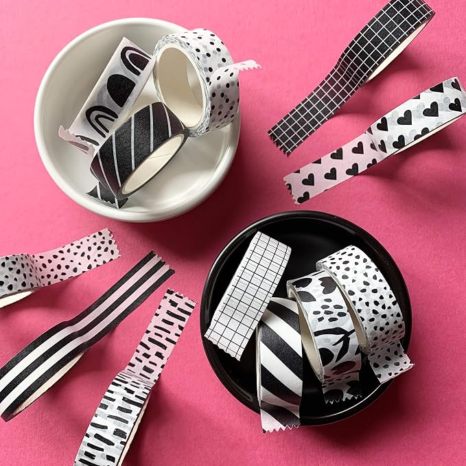 ZYNSHE Washi Tape Set of 12 Rolls of 15 mm Wide Cute Decorative Washi Tape for Journaling, Scrapbook, Washy Crafts, Bullet Journals, Planners, DIY Décor, Gift Wrapping, Craft Supplies (Black White)
