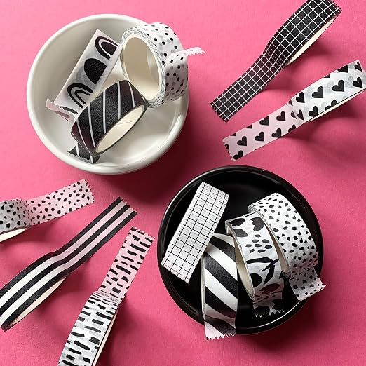 Washi Tape Set of 12 Rolls of 15 mm Wide Cute Decorative Washi Tape for Journaling, Scrapbook, Washy Crafts, Bullet Journals, Planners, DIY Décor, Craft Supplies For Adults & Kids (Black and White)