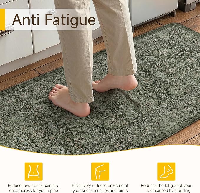 PureCozy Kitchen Mats 2PCS Anti Fatigue Cushioned Mat Green Vintage Kitchen Mats for Floor Waterproof Non Slip Comfort Standing Distressed Rug for Sink Laundry Office 17.3"x47"+17.3"x30"