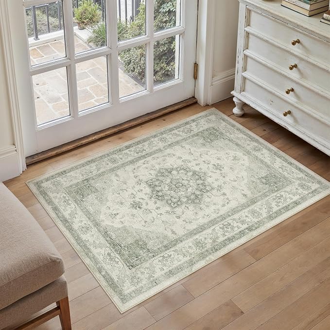 PureCozy Green Area Rug 2x3 Washable Entryway Carpet Vintage Kitchen Soft Retro Low Pile Thin Non Slip Door Mat Entrance Oriental Medallion Throw Rug for Bathroom Office Bedroom Dining Room