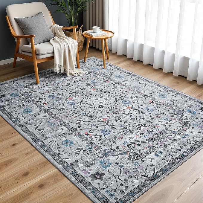 Vasofe 3x5 Area Rug for Bedroom, Washable Rugs for Living Room, Laundry, Kitchen, Vintage Floral Indoor Non Slip Carpet Farmhouse Grey Throw Carpets Soft Low Pile Mat for Dorm Bedside Entryway Office