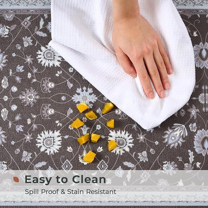 FRESHMINT Vintage Floral Kitchen Mat 2 Piece, 17x30''+17x47'', Ebony Black | Anti-Fatigue, Non Slip, Comfort, Kitchen Decor, Easy to Clean, Waterproof, Perfect for Kitchen, Laundry, Office