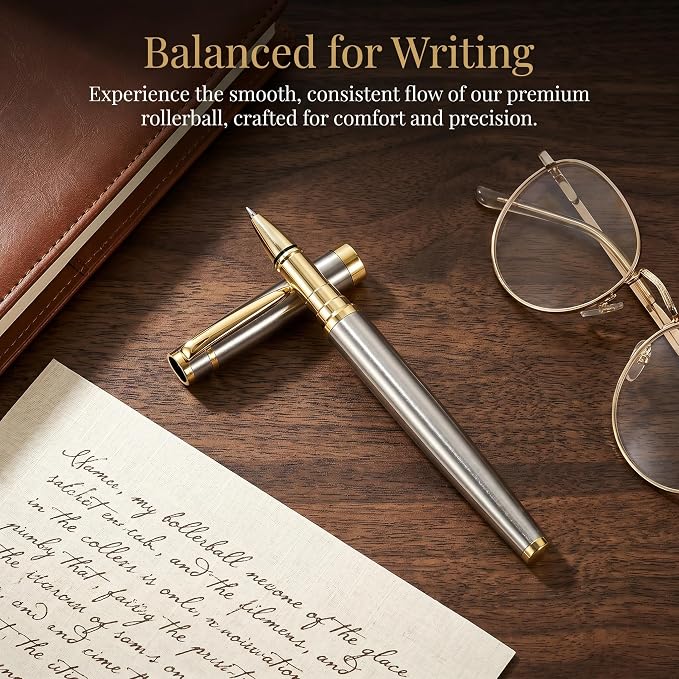 LUHSIN Premium Metal Rollerball Pen with Gold Trim - 0.5mm Smooth Writing Business Signature Pen with Refill, Luxury Executive Writing Instruments in Elegant Gift Box for Men & Women