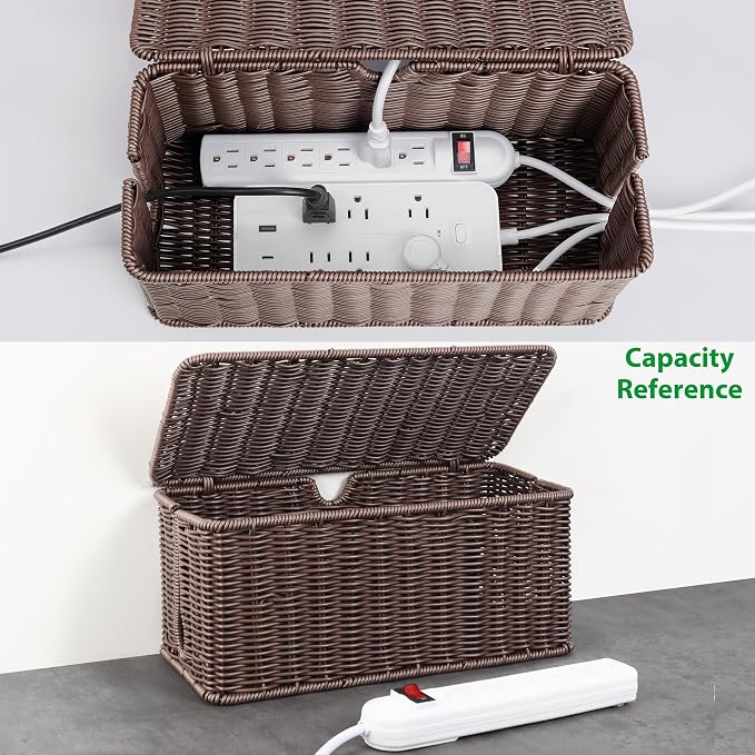 ZhiYo Rattan Cable Management Box, Dark Brown, 13.5" x 6.2" x 6" | Handwoven cord organizer conceals power strips and cables for a cleaner home or office setup, cord hider design