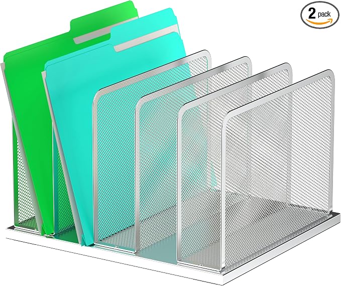 Kuntine.B Desk File Organizer Upright Mesh Desktop Organizer File Sorter Office Organization File Holder for Home, Office & Classroom (Silver, 1 Pack 5-Section)