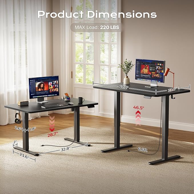 Huuger Electric Standing Desk with Power Outlets and USB-C Port, 47 X 24 Inch Height Adjustable Desk, Sit Stand Desk for Home Office, Computer & Gaming Desk with 4 Presets, Carbon Black