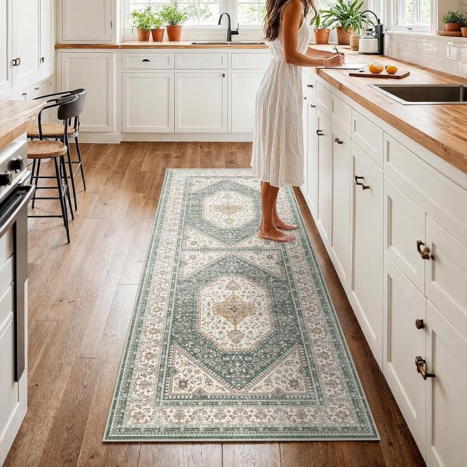 3x7 Runner Rug for Hallway Washable: Non Slip Kitchen Rugs with Rubber Backing Soft Waterproof Wide Mats Stain Resistant Low Pile Carpet for Entryway Bedroom Bathroom Laundry Home Decor Green/Beige