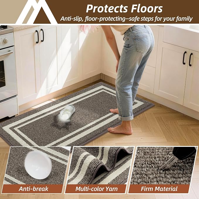 COSY HOMEER Kitchen Rugs Non-Slip 20x30/20x48 Inch Thick Polypropylene Standing Mat for Home Machine Washable, Brown Frame