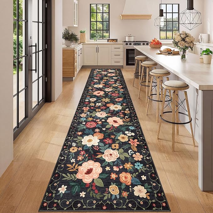 DUKINO 2.6x12 Kitchen Runner Rug, Lightweight Floral Washable Rug for Hallway, Boho Low Pile & Non Slip Backing Soft Floor Carpet for Entryway, Bedroom, Bathroom, Laundry, Black