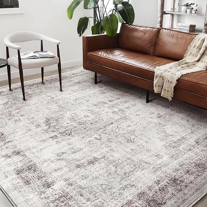 Area Rug 6'x9' Washable Floral red Vintage Traditional Floor Cover Thin Retro Kitchen Indoor Distressed Non Slip Carpet for Living Room Bedroom Dining Room