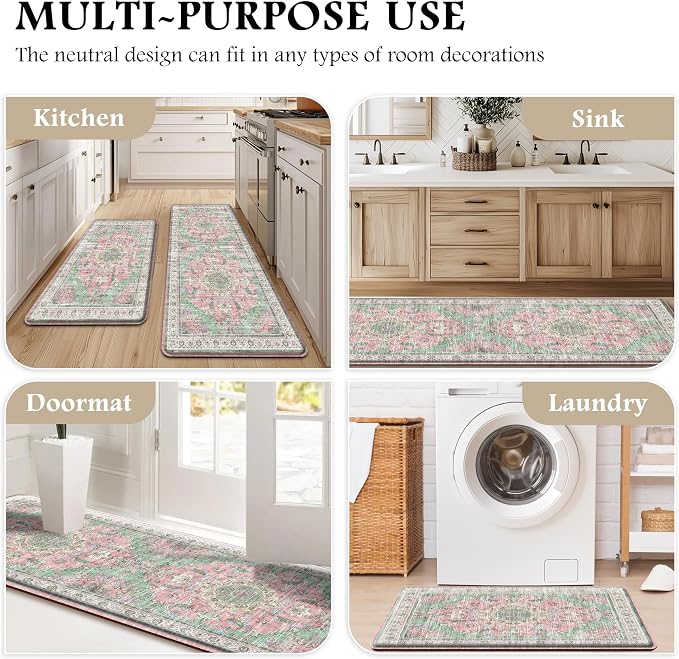 Boho Kitchen Mats for Floor 2 Piece Set Anti Fatigue Cushioned PVC Kitchen Rugs Non Slip Waterproof Farmhouse Mats 2/5 Inch Comfort Standing Mat for Sink, Laundry, 17.3"x47"+17.3"x28", Green Pink