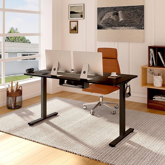 FLEXISPOT EN2 Standing Desk Frame with Clamp Power Strip and Cable Management Tray, Electric Sit Stand Desk Base with Memory Controller for Home and Office (Black Frame Only)