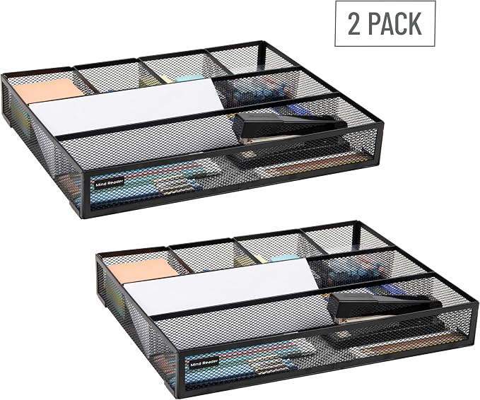 Mind Reader 6-Compartment Drawer Organizer, Metal Mesh Desk Organizer for Office, Kitchen, Utensils, Supplies, Set of 2, Black
