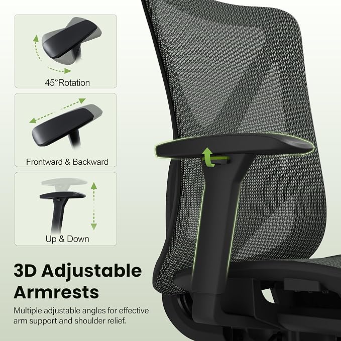 Ergonomic Office Chair, Mesh Computer Desk Chairs with Adjustable Lumbar Support, 3D Armrests, Tilt Function, Comfy Wide Seat, Swivel Executive Work Task Chair for Company and Home