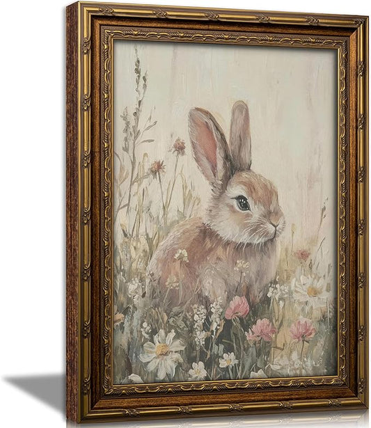 Vintage Gold Framed Bunny Wall Art, Spring Rabbit and Wildflowers Cottagecore Painting Canvas Print, Country Animal Picture Wall Decor Rustic Farmhouse Floral Poster Artwork for Living Room Bedroom