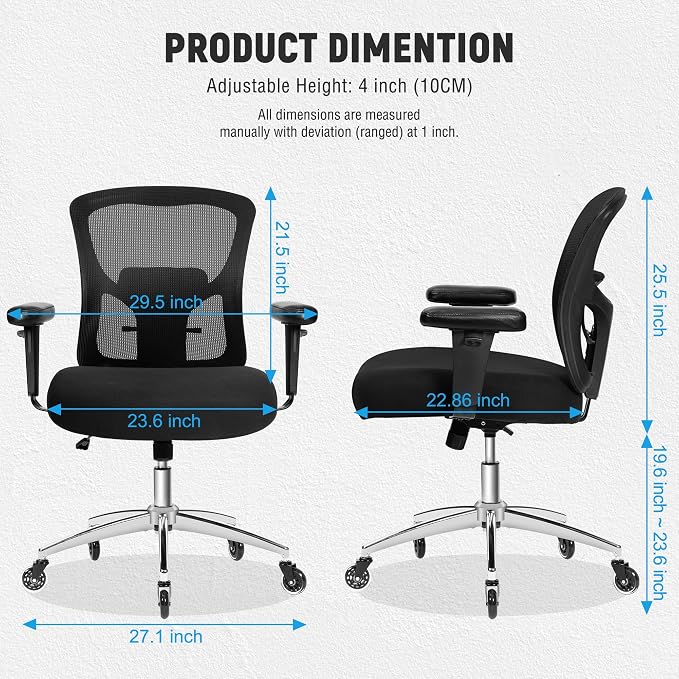 Big and Tall Office Chair 600lbs, Heavy Duty Ergonomic Mesh Chair, Computer Executive Desk Chair with Wide Thick Seat, Adjustable Armrests, Lumbar Support (Black, 601LBS) (Black, 600LBS)