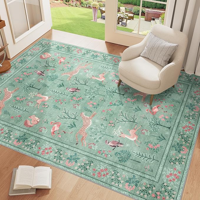 DUKINO 3x5 Rug, Washable Animal Area Rug with Non Slip Vintage Design, Indoor Soft Low Pile Carpet for Bedroom, Nursery, Dining Room, Farmhouse, Playroom, Teal