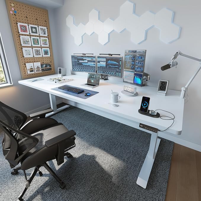 FEZIBO 71 x 37 Inch Electric Standing Desk with Integrated Dual-Beam & Cable Management, Memory Height Adjustable Computer Desk for Home Office Workstation, 1" Thick Large 3-Piece Tabletop White