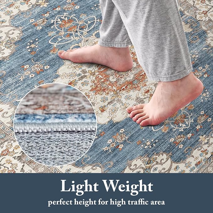 3x16 Washable Hallway Runner Rug:Oriental Indoor Kitchen Rugs Vintage Door Mat Non Slip with Rubber Backing Low Pile Thin Carpet for Bedroom Bathroom Living Room Bedside (3x16 Blue/Beige)