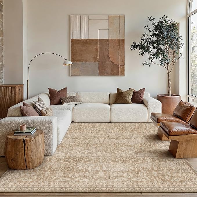 PureCozy 5x7 Area Rug Washable Vintage Living Room Bedroom Carpet Indoor Light Brown Non Slip Soft Low Pile Thin Rug Retro Accent Throw Office Dining Room