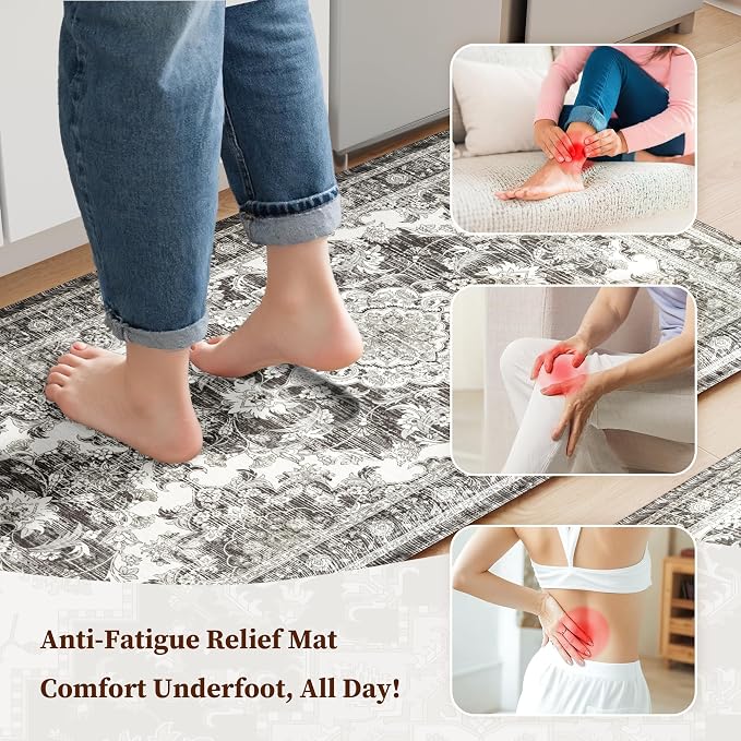 Boho Kitchen Mats for Floor 2 Piece Set Anti Fatigue Cushioned PVC Kitchen Rugs Non Slip Waterproof Farmhouse Mats 2/5 Inch Comfort Standing Mat for Sink, Office, 17.3"x47"+17.3"x28", Dark Grey