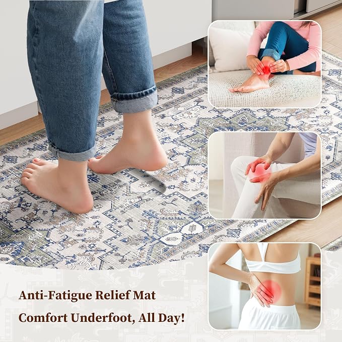 Boho Kitchen Mats for Floor 2 Piece Set Anti Fatigue Cushioned PVC Kitchen Rugs Non Slip Waterproof Farmhouse Mats 2/5 Inch Comfort Standing Mat for Sink, Laundry, 23.6"x39"+23.6"x59",C2