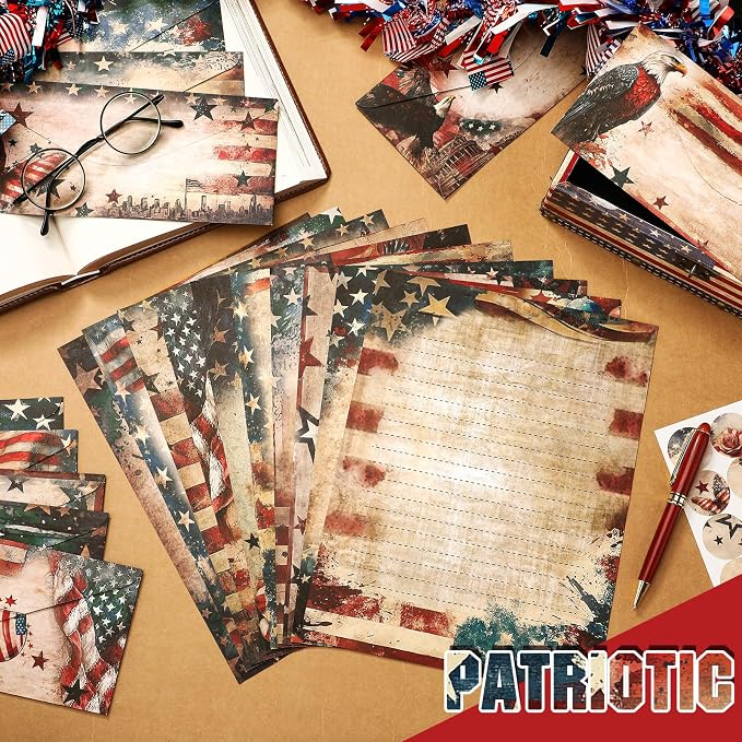 TaoBary 160 Pcs Stationery Paper Set 50 Double Sided Stationery Papers with 50 Matching Envelopes and 60 Round Dot Sticker, 10 Design(Patriotic,8.5 x 11 Inch)