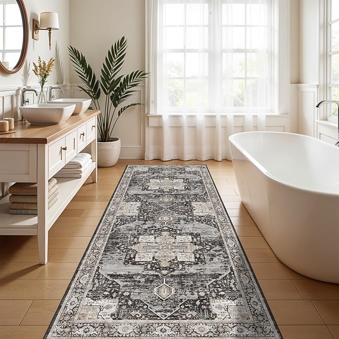 3x7 Washable Entryway Rug Runner - Vintage Non Slip Stain Resistant Runners Ultra-Thin Soft Carpets for Kitchen Hallway Bedroom Laundry Room Distressed Indoor Home Decor Mat 3X7 Black