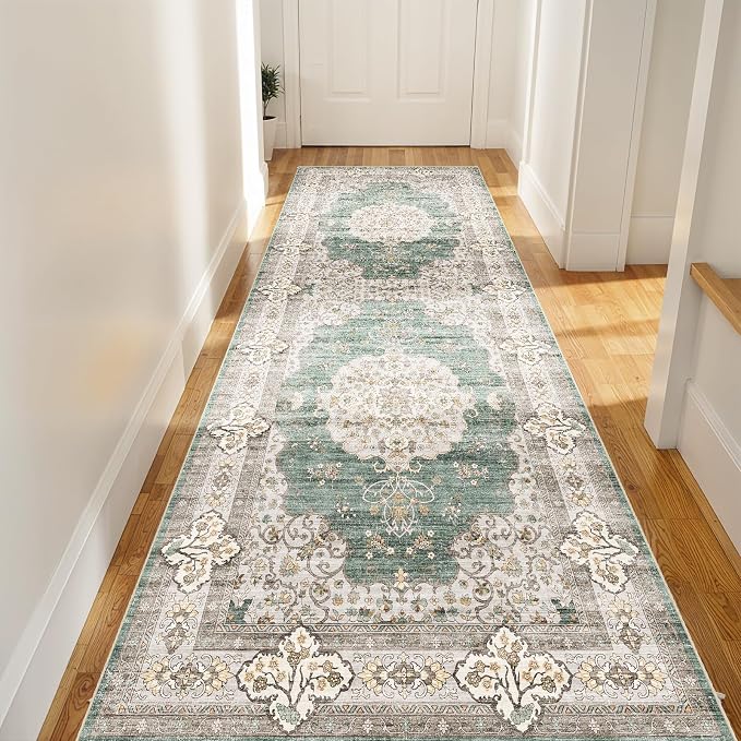 3x8 Washable Hallway Runner Rug:Oriental Indoor Kitchen Rugs Vintage Door Mat Non Slip with Rubber Backing Low Pile Thin Carpet for Bedroom Bathroom Living Room Bedside (3x8 Green/Beige)