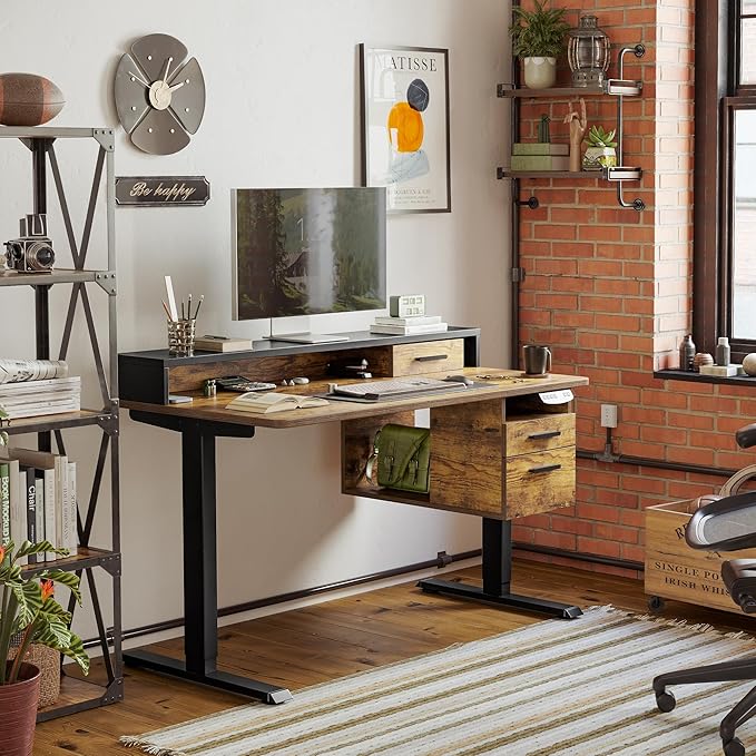 CubiCubi Standing Desk with Wood Drawers, 48" x 24" Electric Height Adjustable Table with Monitor Shelf, 3 Drawers and Open Storage, Computer Home Office Sit and Stand up Workstation, Rustic Brown