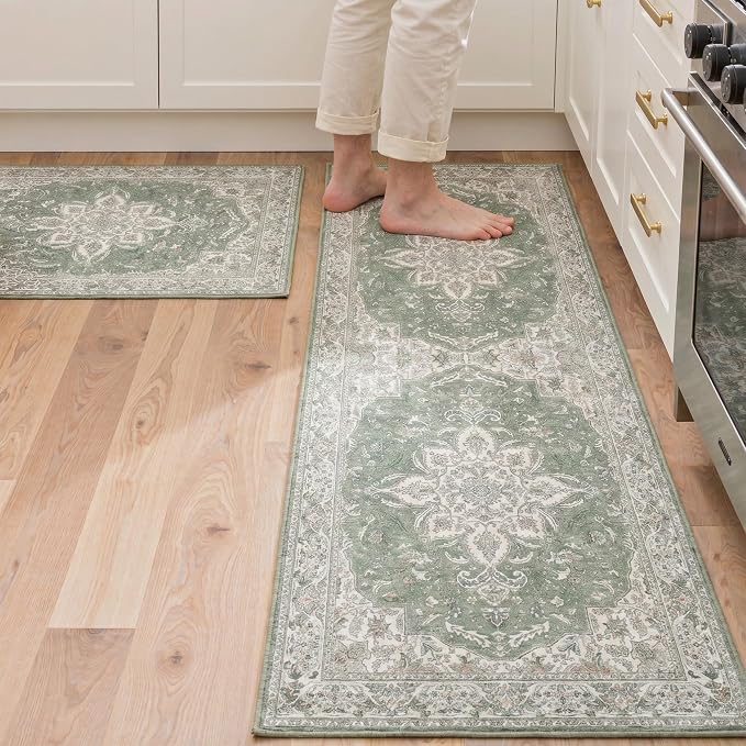 GENIMO Kitchen Rug Sets of 2, Non-Slip Washable Low-Pile Kitchen Mats for Floor, Waterproof Kitchen Runner Rug, for Hallway, Laundry, Sink, Entryway, Bathroom, 20"x32"+20"x48", Green