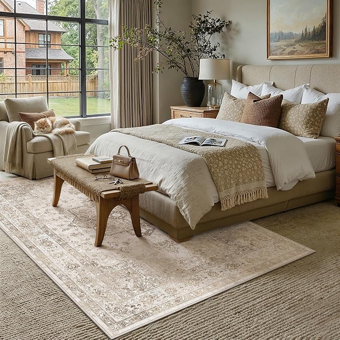 PureCozy Taupe 5x7 Area Rug Washable Vintage Living Room Carpet Non Slip Retro Distressed Low Pile Soft Oriental Medallion Thin Throw Rug for Kitchen Bathroom Office Bedroom Dining Room