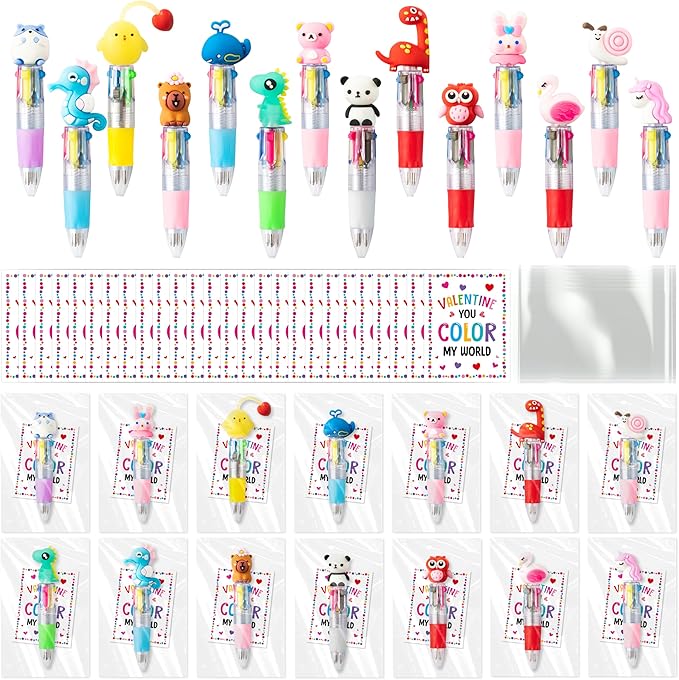 ANGOLIO Valentine's Day Gifts 28 Sets Cards with Cute Animal 4 in 1 Multicolor Ballpoint Pens for Kids Students School Classroom Office Valentines Exchange Gifts Party Favors Toddler Boys Girls Prizes