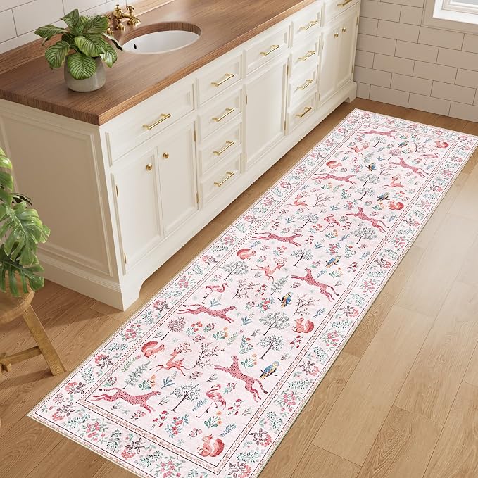 DUKINO 2x6 Rug for Hallway, Washable Kitchen Runner Rug with Non Slip Backing, Soft Low Pile Vintage Animal Runner for Bedroom, Kitchen, Hallway, Entryway, Laundry, Pink