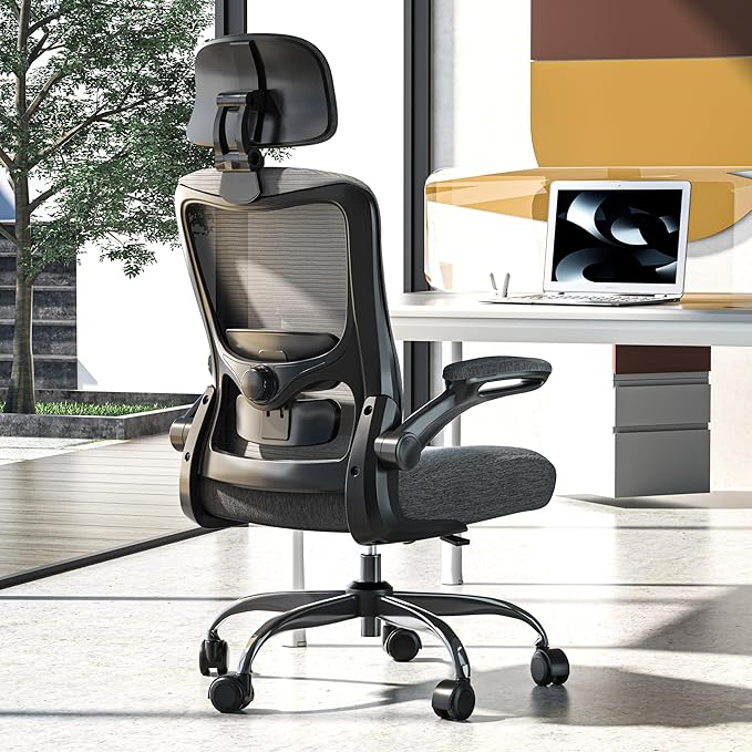 Ergonomic Office Chair, High Back Mesh Desk Chair with Adjustable Lumbar Support & Headrest, Flip-up Armrest, Computer Task Chairs for Home and Executive Office (B-Grey)