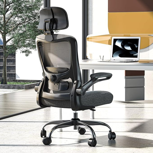 Ergonomic Office Chair, High Back Mesh Desk Chair with Adjustable Lumbar Support & Headrest, Flip-up Armrest, Computer Task Chairs for Home and Executive Office (B-Grey)