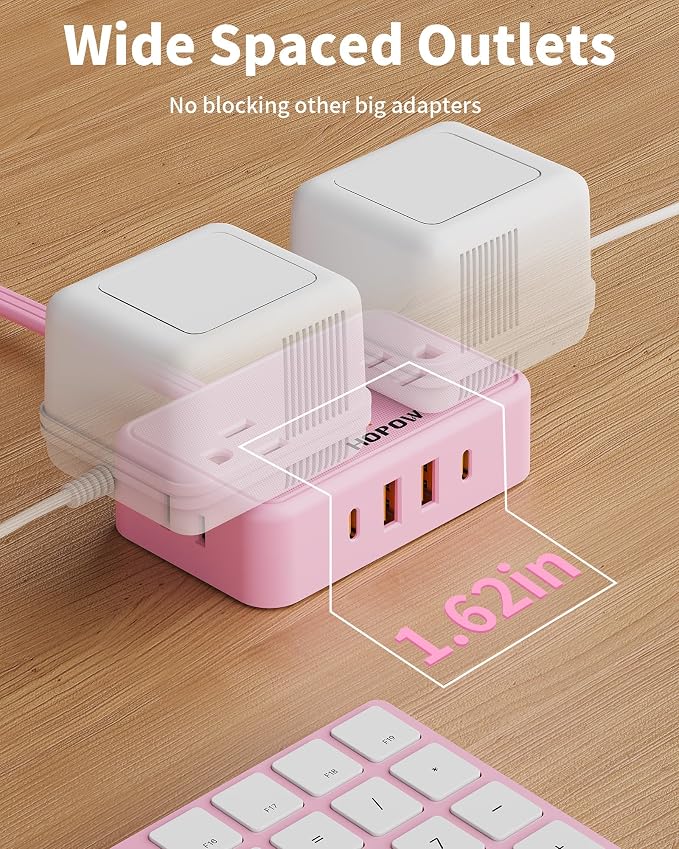 HOPOW Pink Extension Cord, 6 Ft Ultra Thin Pink Power Strip, 4 AC Wide Spaced Outlets and 4 USB (2 USB-C) Ports, No Surge Protector for Kawaii Desk Home Room Decor Essentials