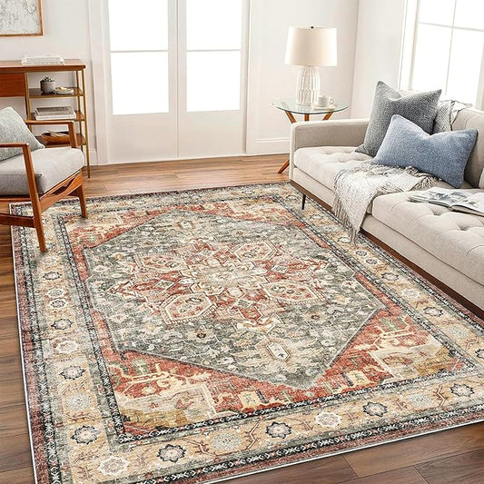 Area Rug 6'x9' Red Khaki Washable Vintage Traditional Floor Cover Thin Retro Kitchen Indoor Distressed Non Slip Carpet Floral Area for Living Room Bedroom Dining Room