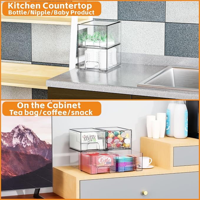 2 Pack Clear Stackable Storage Drawers,4.4'' Tall Acrylic Drawer Containers for Organizing,Bathroom Organizers and Storage Bin Box,Plastic Makeup,Medicine Organizer Bins for Cabinet,Undersink