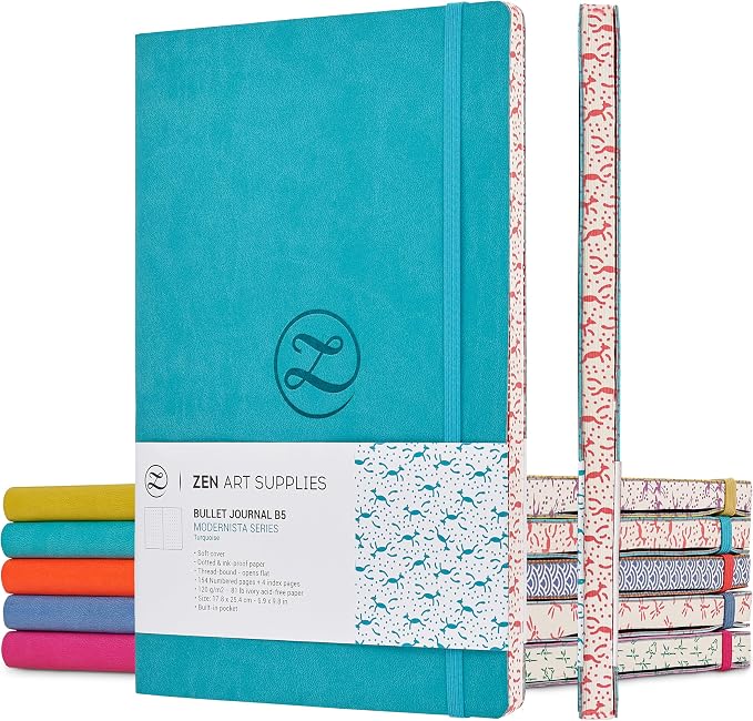 Aesthetic Large B5 Dotted Journal - Enjoy Bullet Journaling with a Soft Cover 7x10 inch, Non-Bleed Thick 120gsm Paper with Japanese Edge Motif - Turquoise Faux Leather Lay Flat Dot Notebook ZenART